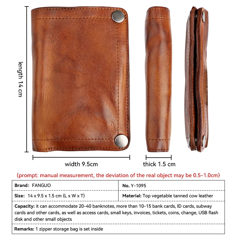 Genuine Leather Men's Bifold Wallet – Handmade Retro Snap Closure