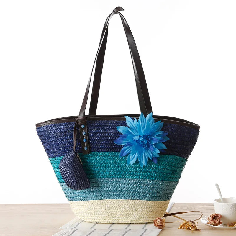 2022 Straw Handwoven Tote Shoulder Bag 2 In1 Crochet Braided Handbag Applique Hit Color Striped