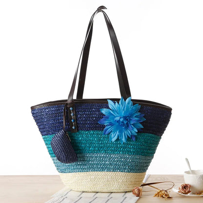 2022 Straw Handwoven Tote Shoulder Bag 2 In1 Crochet Braided Handbag Applique Hit Color Striped