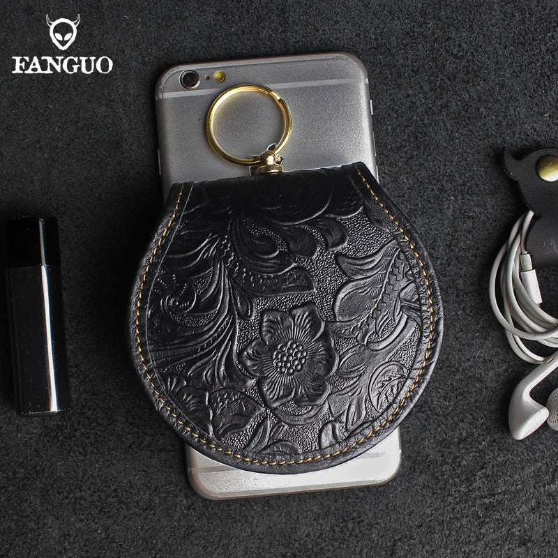 Crazy Horse Leather Mini Coin Purse – Floral Embossed Women's Wallet & Key Holder