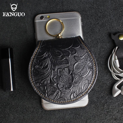 Crazy Horse Leather Mini Coin Purse – Floral Embossed Women's Wallet & Key Holder