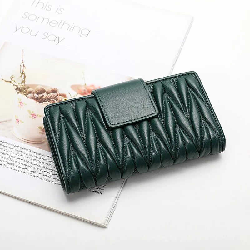 Women's Long Genuine Sheepskin Leather Wallet – Pleated Large Capacity Zipper Clutch