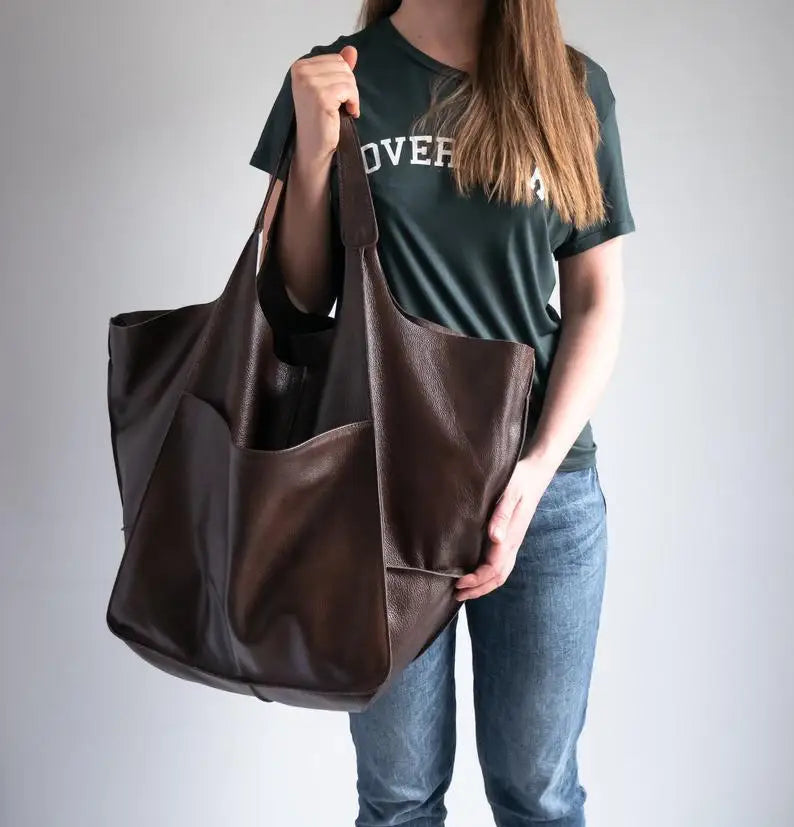 Casual Soft Large Capacity Tote Women Handbags Designer Aged Metal Look Luxury Pu Leather Shoulder