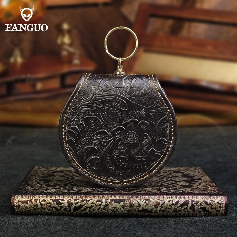 Crazy Horse Leather Mini Coin Purse – Floral Embossed Women's Wallet & Key Holder