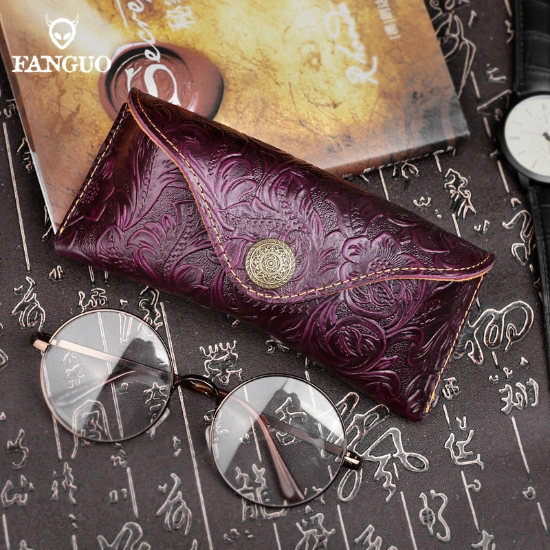 Handmade Genuine Leather Glasses Case – Vintage Floral Embossed