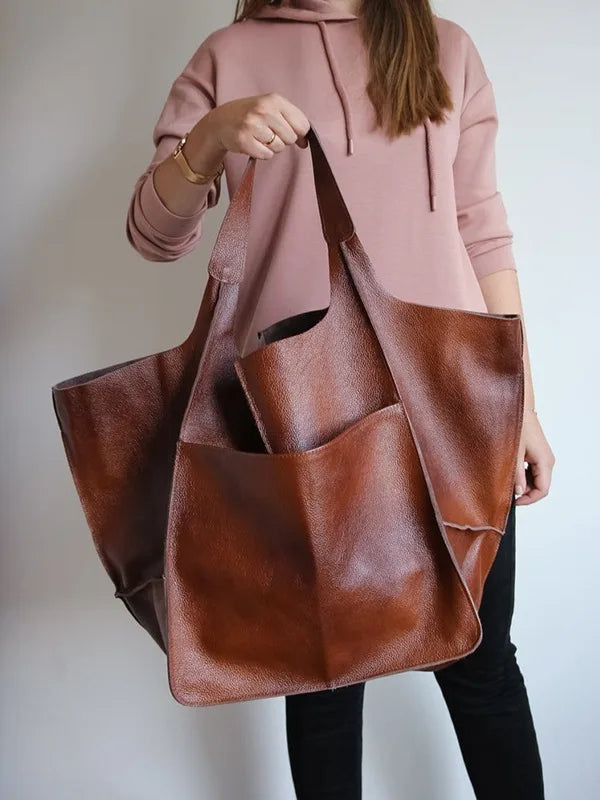Casual Soft Large Capacity Tote Women Handbags Designer Aged Metal Look Luxury Pu Leather Shoulder