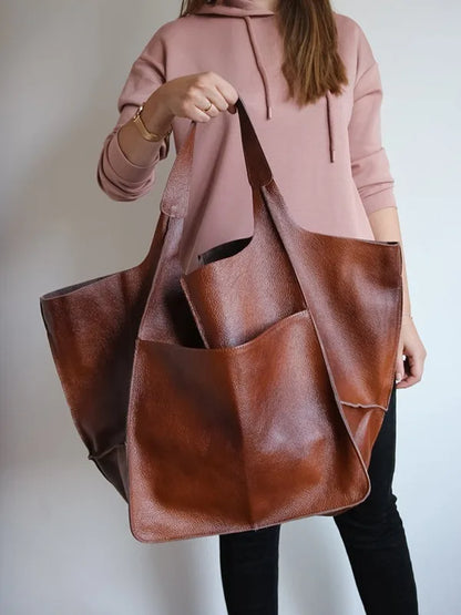 Casual Soft Large Capacity Tote Women Handbags Designer Aged Metal Look Luxury Pu Leather Shoulder
