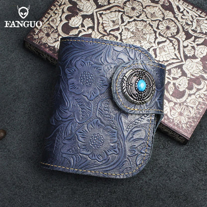 Men's Genuine Cowhide Leather Short Wallet – Floral Embossed Card Holder