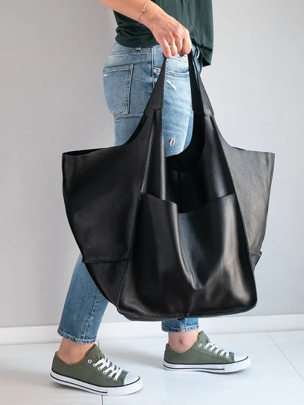 Casual Soft Large Capacity Tote Women Handbags Designer Aged Metal Look Luxury Pu Leather Shoulder