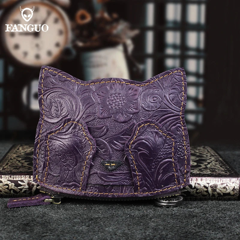 Cute Cat Leather Coin Purse – Handmade Floral Embossed Mini Wallet