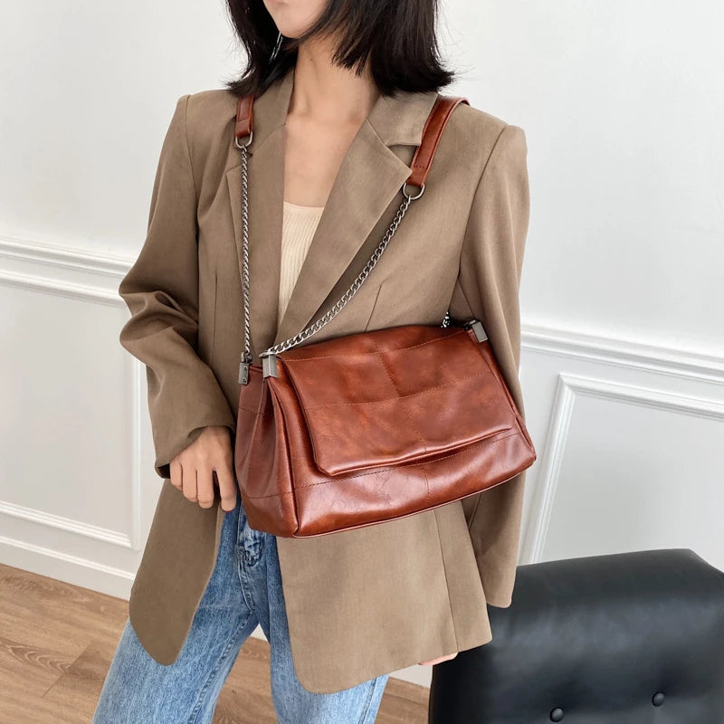 Quilted Crossbody Bag – Vintage PU Leather Shoulder Bag with Chain Strap