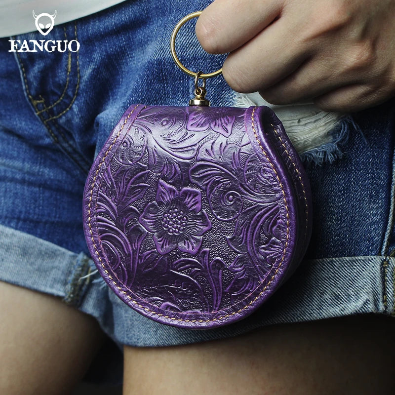 Crazy Horse Leather Mini Coin Purse – Floral Embossed Women's Wallet & Key Holder
