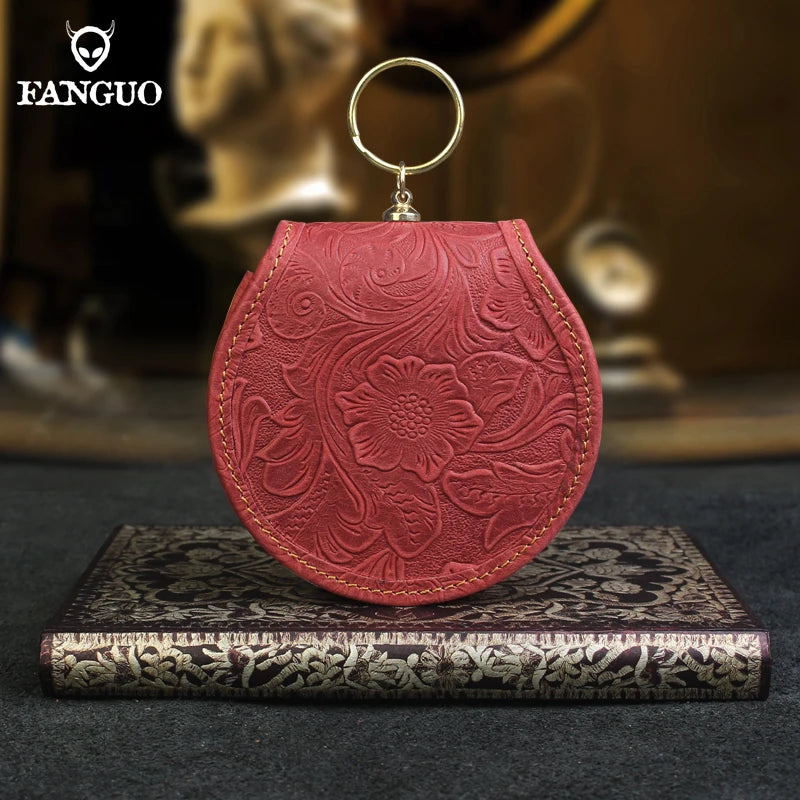Crazy Horse Leather Mini Coin Purse – Floral Embossed Women's Wallet & Key Holder