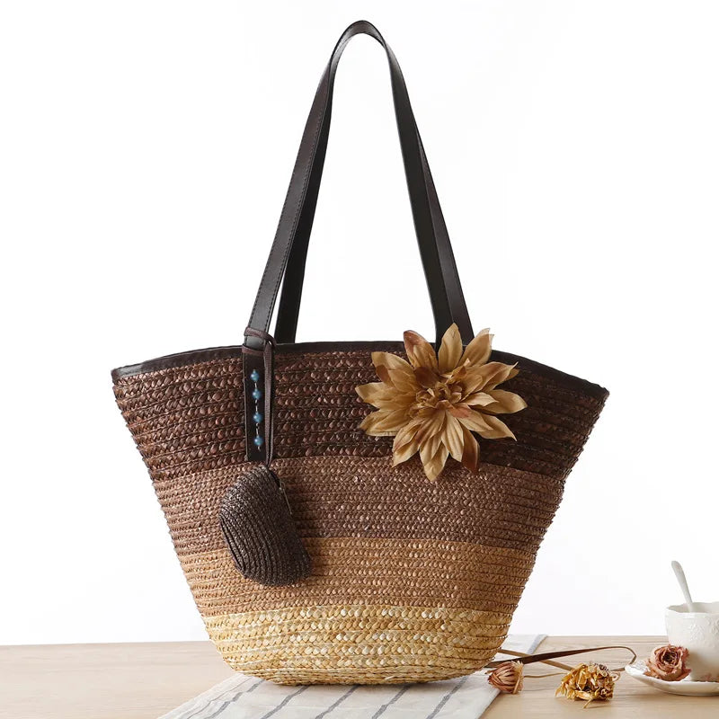 2022 Straw Handwoven Tote Shoulder Bag 2 In1 Crochet Braided Handbag Applique Hit Color Striped