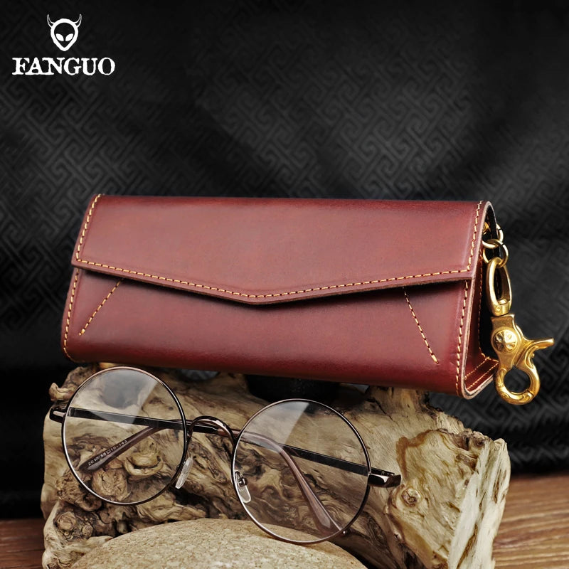 Genuine Leather Sunglasses Case – Retro Folding Eyewear Box with Magnet