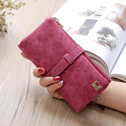 Women's Nubuck Leather Long Wallet – Drawstring Zipper Purse