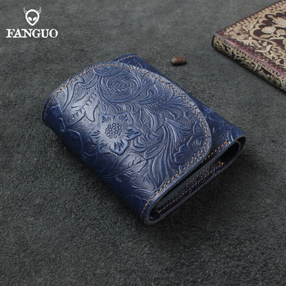 Genuine Leather Short Wallet – Floral Embossed Bifold Card Holder