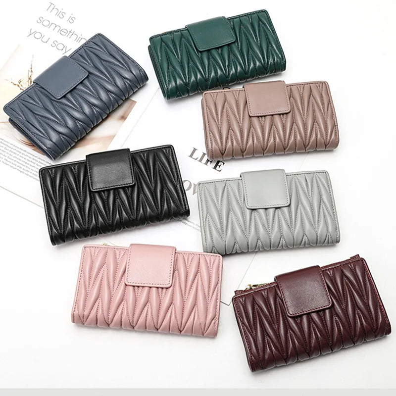 Women's Long Genuine Sheepskin Leather Wallet – Pleated Large Capacity Zipper Clutch