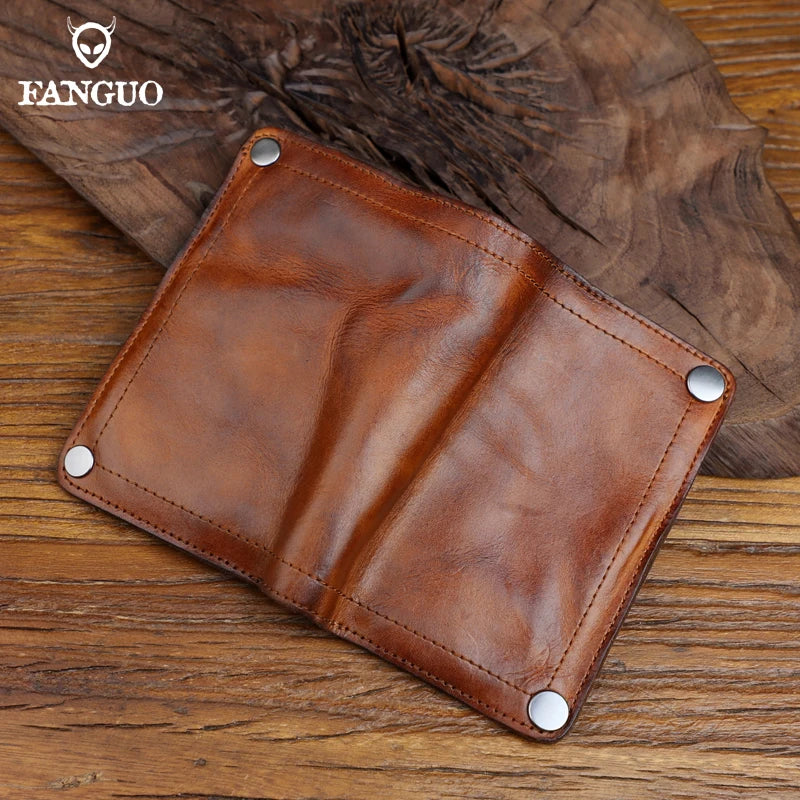 Genuine Leather Men's Bifold Wallet – Handmade Retro Snap Closure