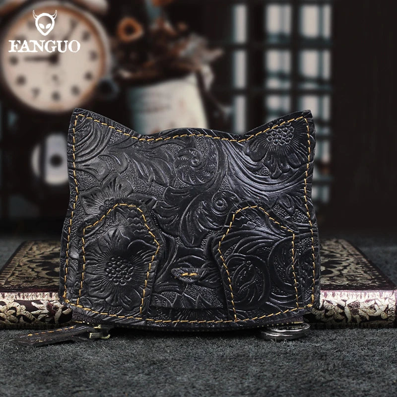 Cute Cat Leather Coin Purse – Handmade Floral Embossed Mini Wallet