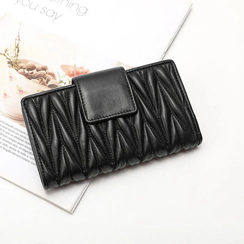 Women's Long Genuine Sheepskin Leather Wallet – Pleated Large Capacity Zipper Clutch
