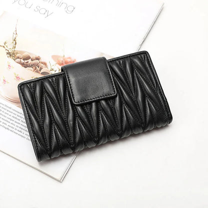 Women's Long Genuine Sheepskin Leather Wallet – Pleated Large Capacity Zipper Clutch