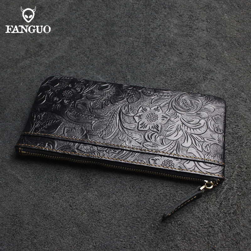 Genuine Leather Long Wallet for Women – Floral Embossed Clutch Purse