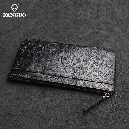 Genuine Leather Long Wallet for Women – Floral Embossed Clutch Purse