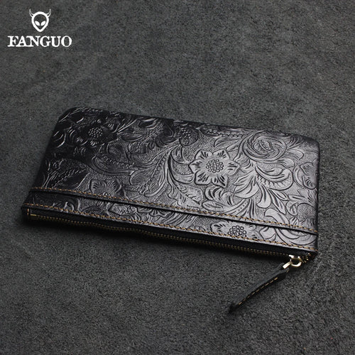 Genuine Leather Long Wallet for Women – Floral Embossed Clutch Purse