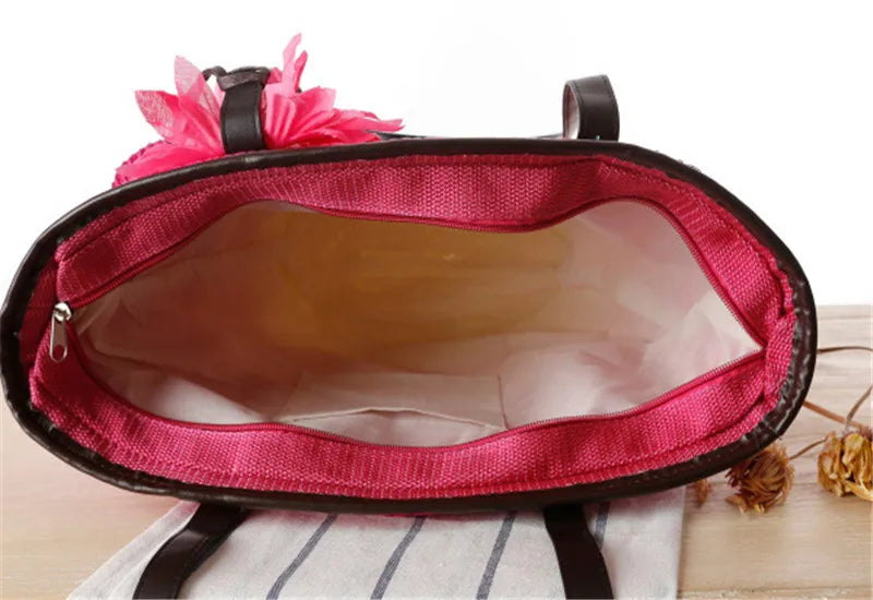 2022 Straw Handwoven Tote Shoulder Bag 2 In1 Crochet Braided Handbag Applique Hit Color Striped