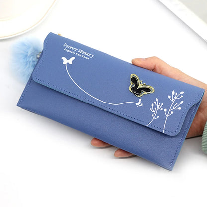 Women's Long Wallet – Butterfly PU Leather Purse with Pom-Pom