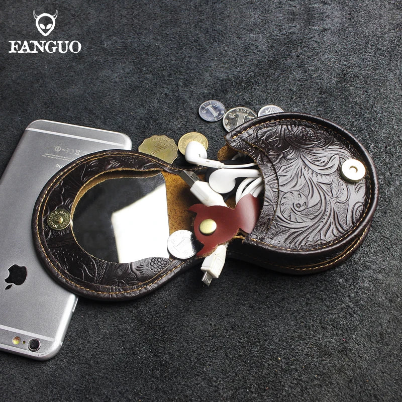 Crazy Horse Leather Mini Coin Purse – Floral Embossed Women's Wallet & Key Holder