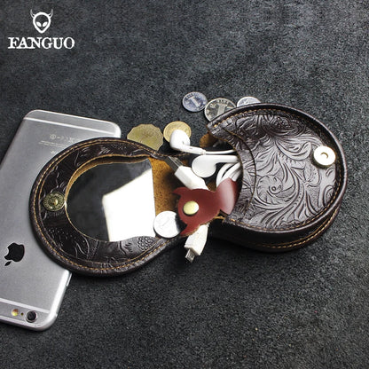Crazy Horse Leather Mini Coin Purse – Floral Embossed Women's Wallet & Key Holder