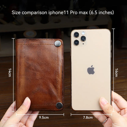 Genuine Leather Men's Bifold Wallet – Handmade Retro Snap Closure
