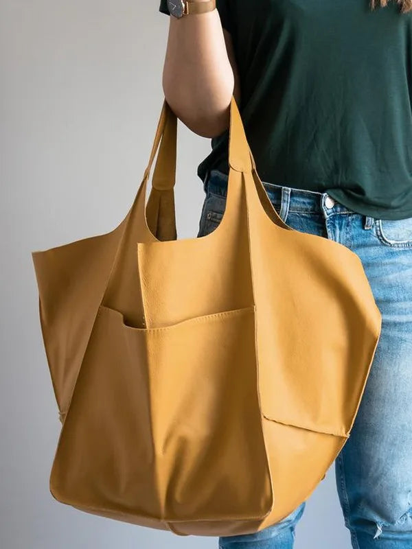 Casual Soft Large Capacity Tote Women Handbags Designer Aged Metal Look Luxury Pu Leather Shoulder