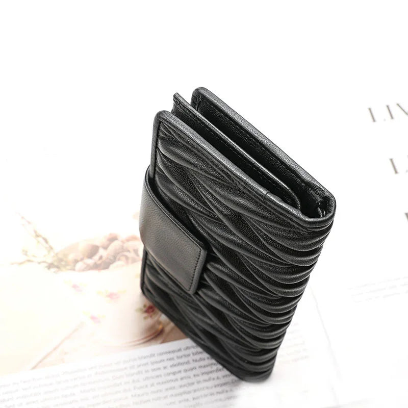 Women's Long Genuine Sheepskin Leather Wallet – Pleated Large Capacity Zipper Clutch