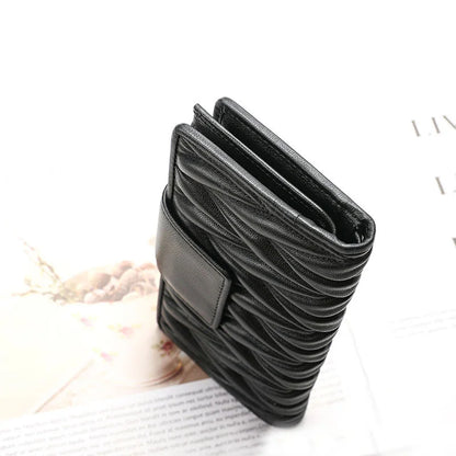 Women's Long Genuine Sheepskin Leather Wallet – Pleated Large Capacity Zipper Clutch