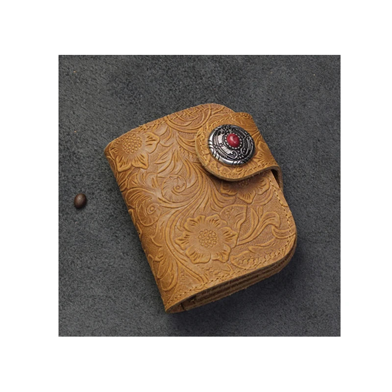 Men's Genuine Cowhide Leather Short Wallet – Floral Embossed Card Holder