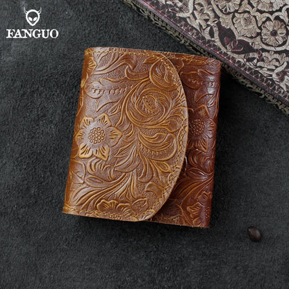 Genuine Leather Short Wallet – Floral Embossed Bifold Card Holder