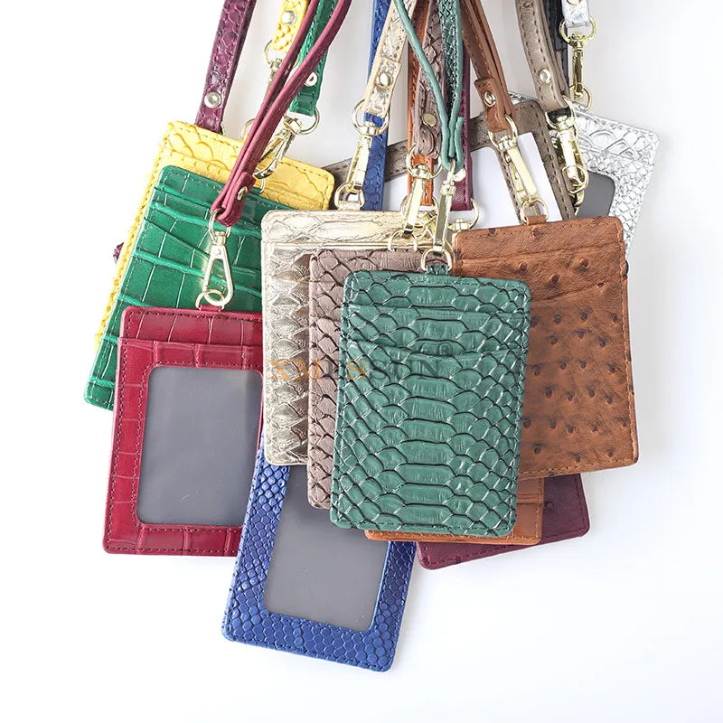 Embossed Snake Pattern Leather Lanyard ID Card Holder