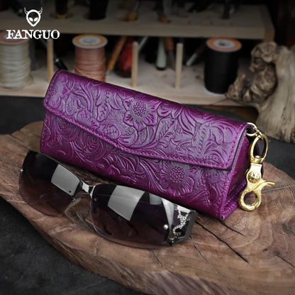 Genuine Leather Eyewear Case with Floral Embossing & Magnet Closure
