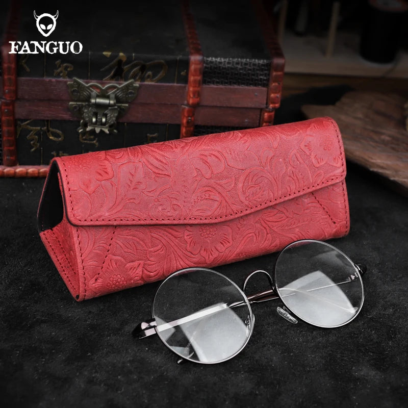 Genuine Leather Eyewear Case with Floral Embossing & Magnet Closure