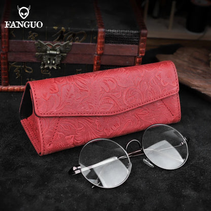 Genuine Leather Eyewear Case with Floral Embossing & Magnet Closure