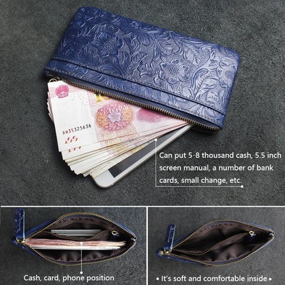 Genuine Leather Long Wallet for Women – Floral Embossed Clutch Purse