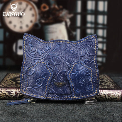 Cute Cat Leather Coin Purse – Handmade Floral Embossed Mini Wallet