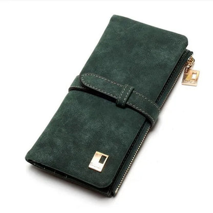 Women's Nubuck Leather Long Wallet – Drawstring Zipper Purse