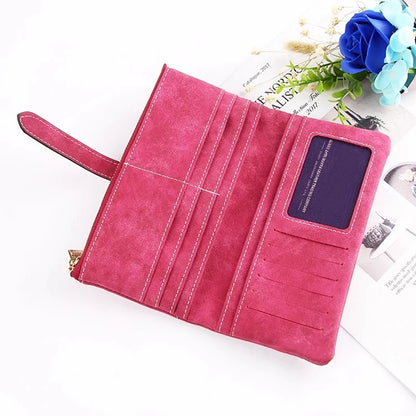 Women's Nubuck Leather Long Wallet – Drawstring Zipper Purse