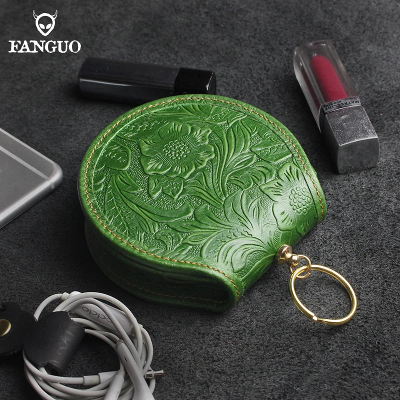 Crazy Horse Leather Mini Coin Purse – Floral Embossed Women's Wallet & Key Holder