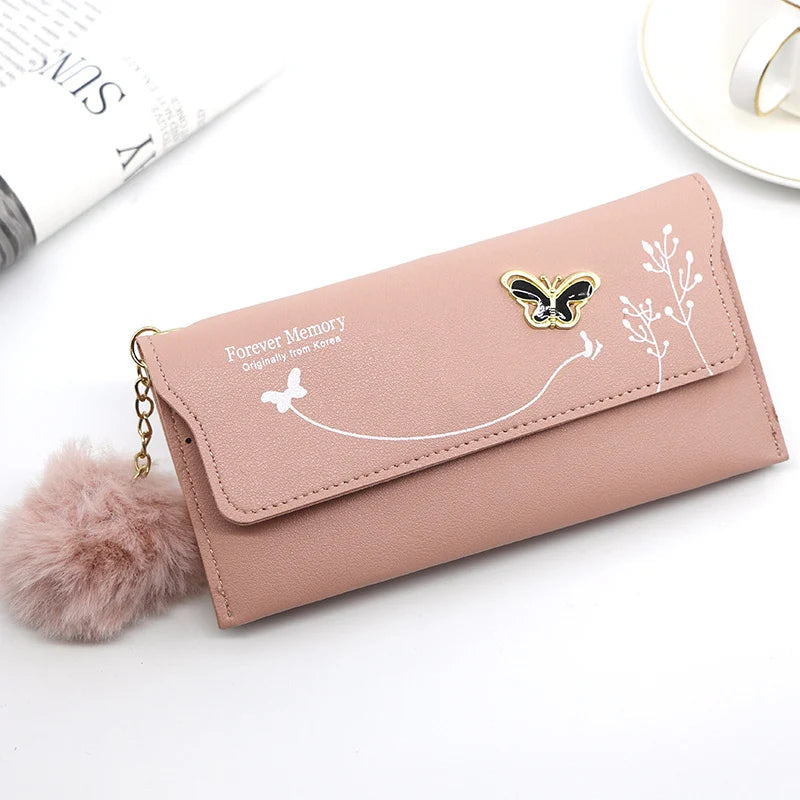 Women's Long Wallet – Butterfly PU Leather Purse with Pom-Pom