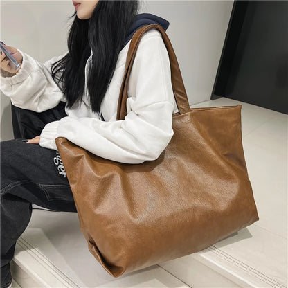 Black Color Oversized Tote Bags Women 2021 Lightweight Big Capacity Soft Leather Shoulder Bag Unisex